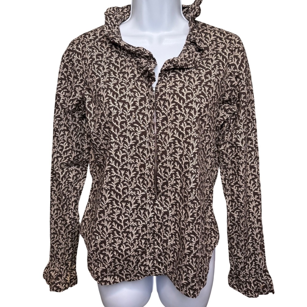 AGNES B PARIS Womens Brown Leaf Print Ruffle Neck Half Zip Blouse XS Paris Chic
